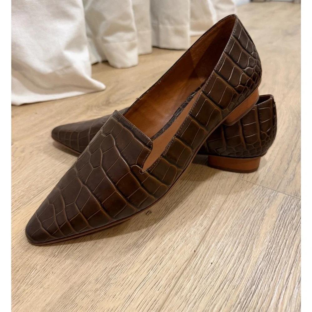 Vince Camuto Brown Croc Embossed Leather Pointed Toe Loafers Flats Womens 11M